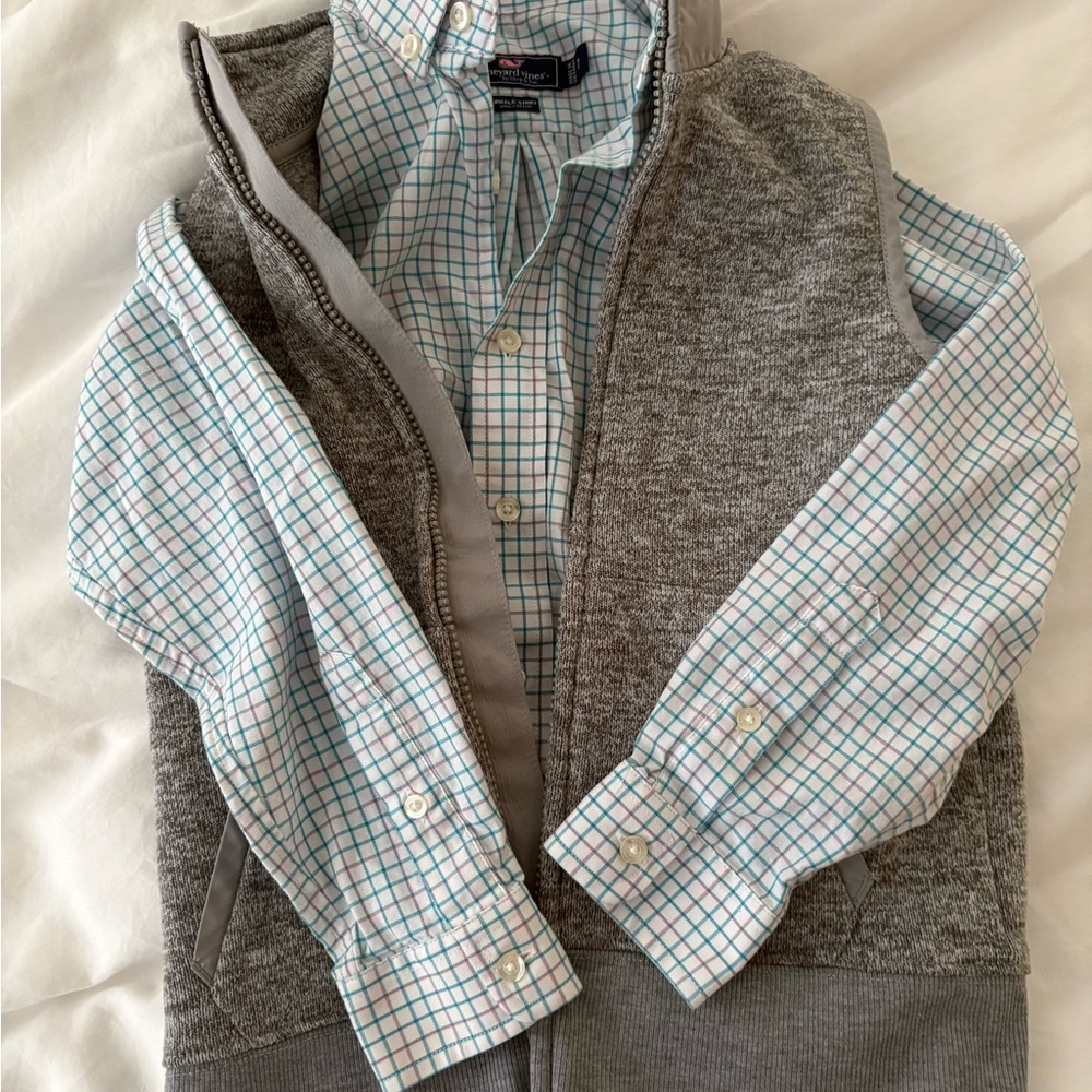 Vineyard Vines & Crewcuts gray vest with button-down shirt